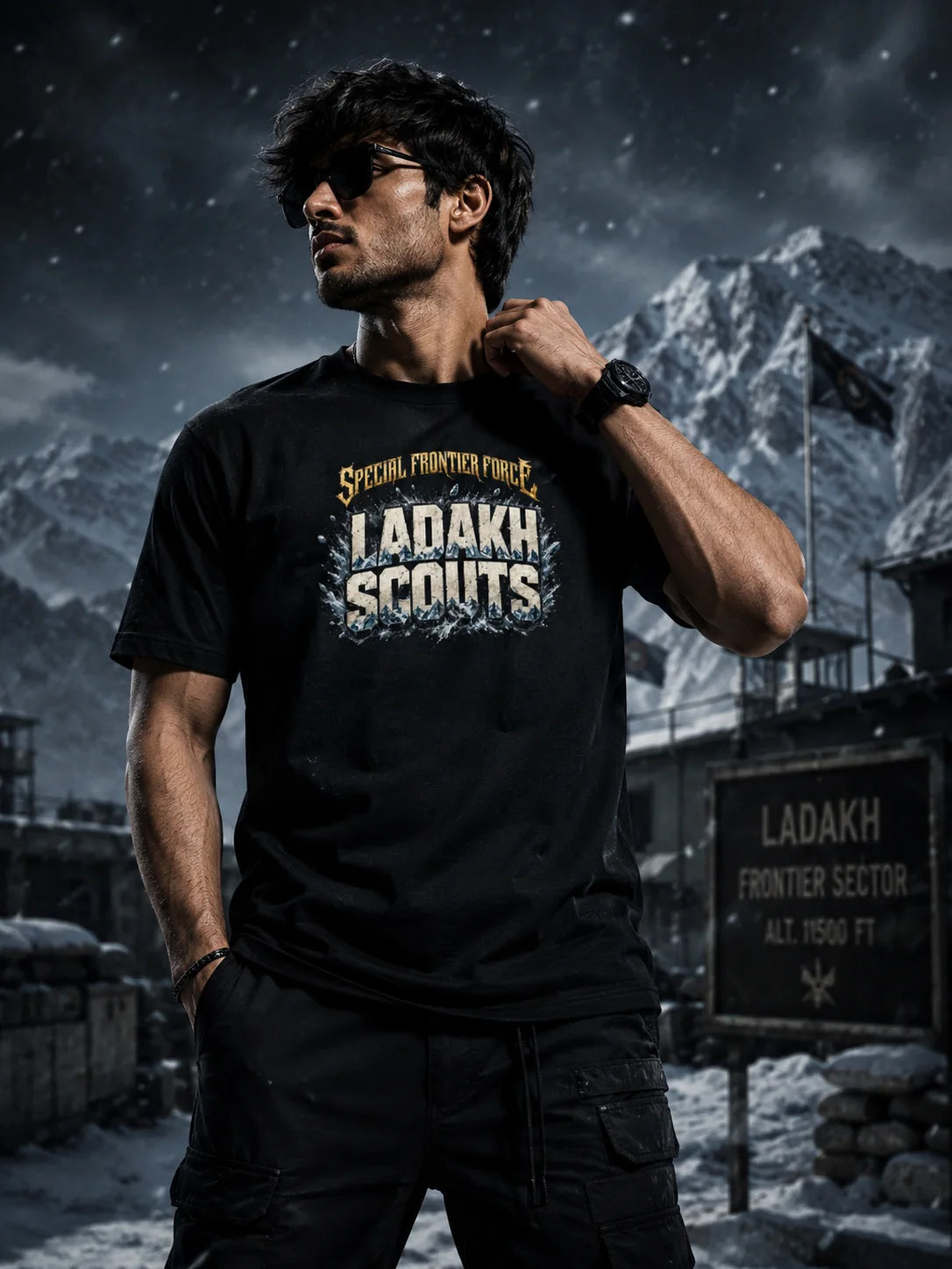 Ladakh Scouts "Special Frontier Force"  Stretch Black T-Shirt | Snow Warriors of India