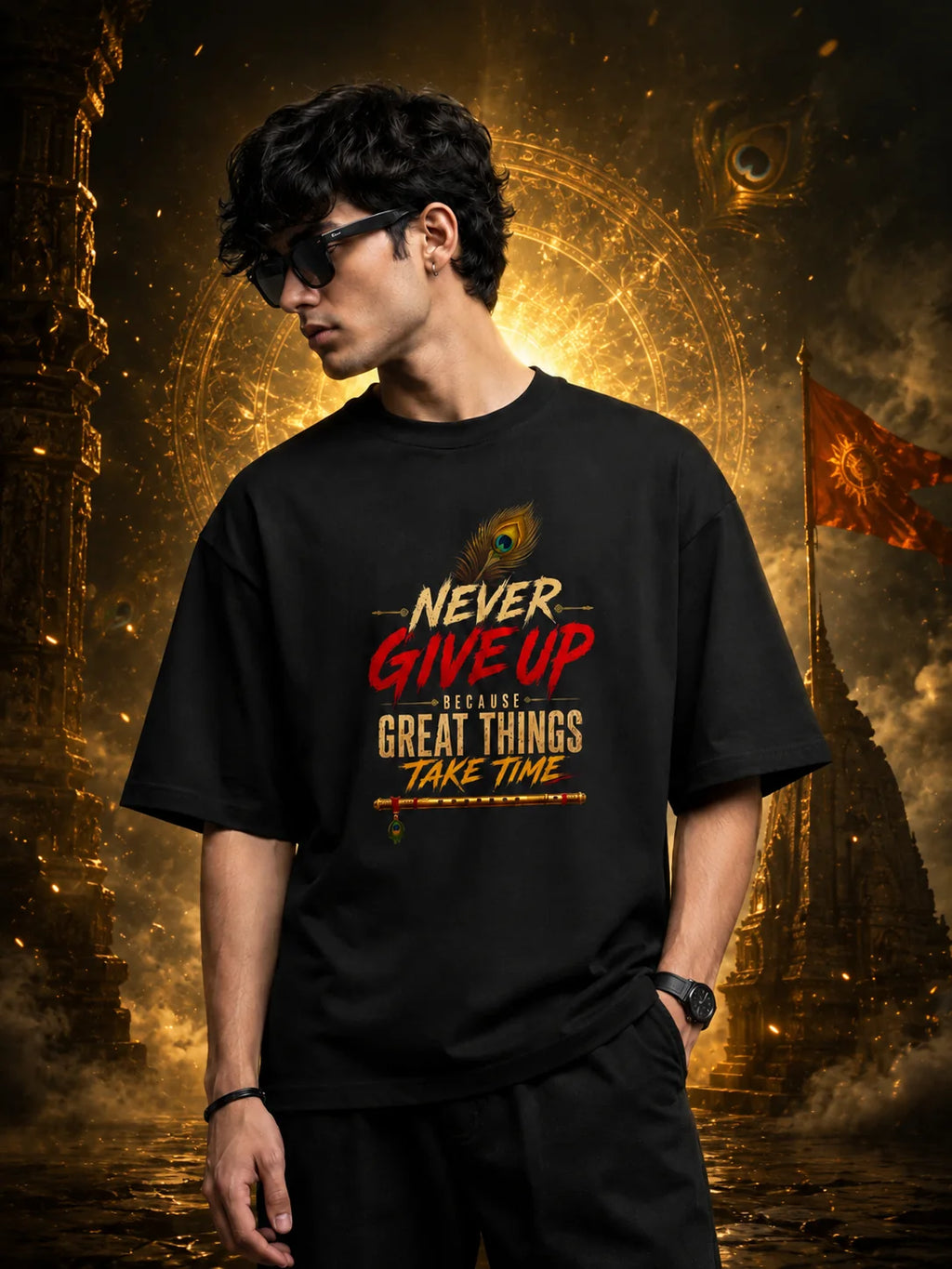 Krishna Oversized T-Shirt | Never Give Up | Black