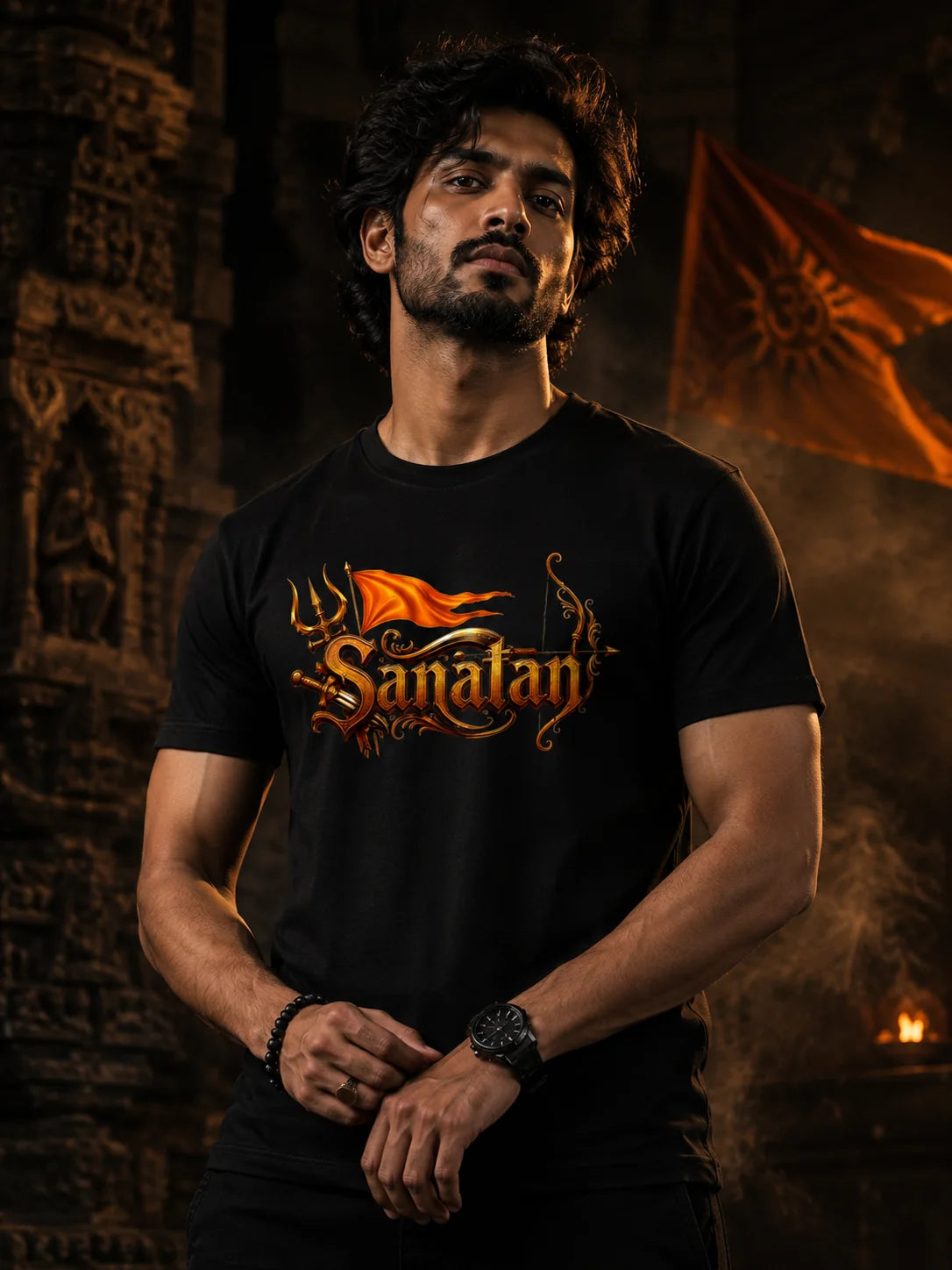 Sanatan T-Shirt | Trishul Dhwaj Dhanush Gold Graphic Tee | Hindu Dharma Pride