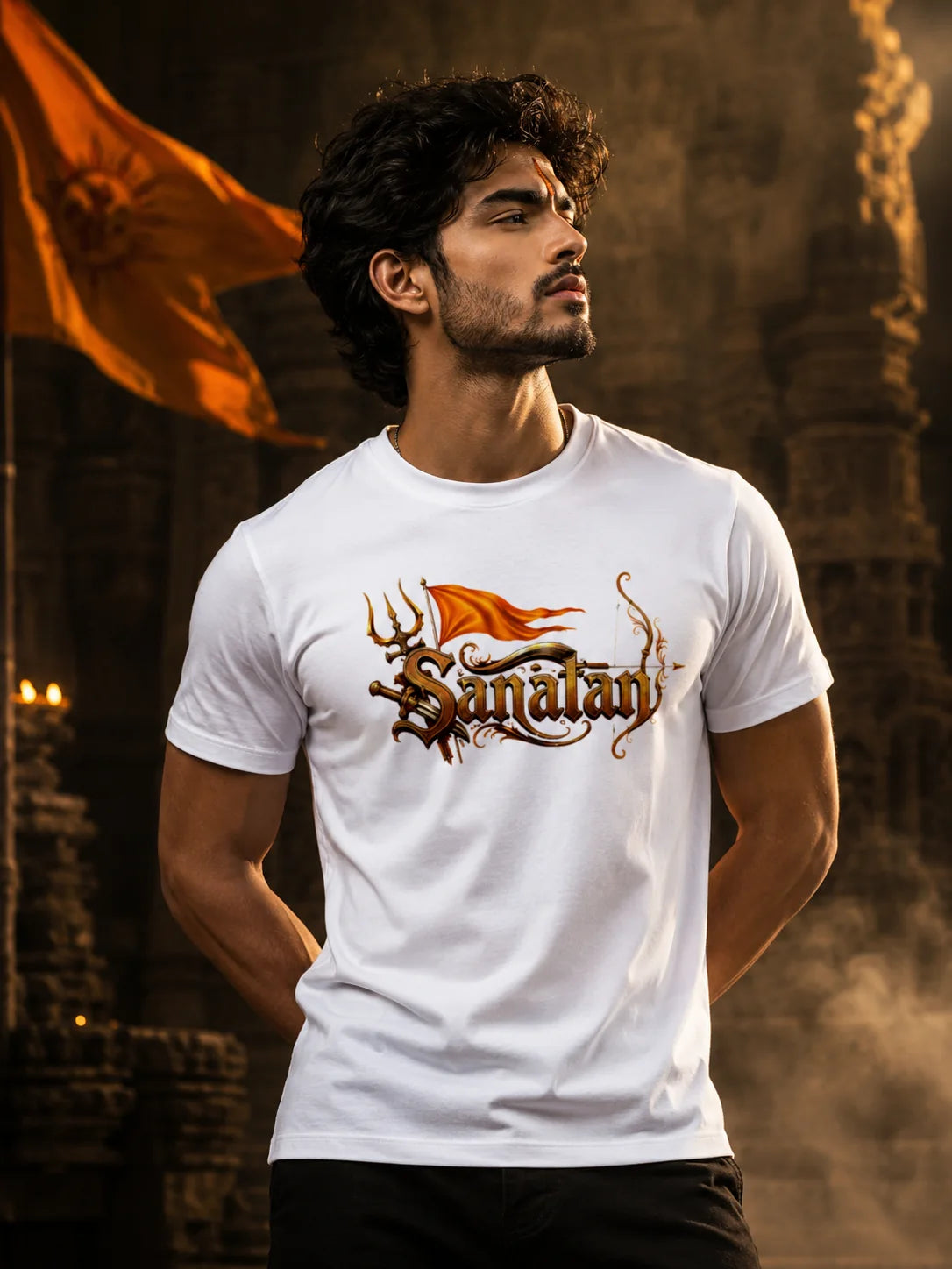 Sanatan T-Shirt | Trishul Dhwaj Dhanush Gold Graphic Tee | Hindu Dharma Pride