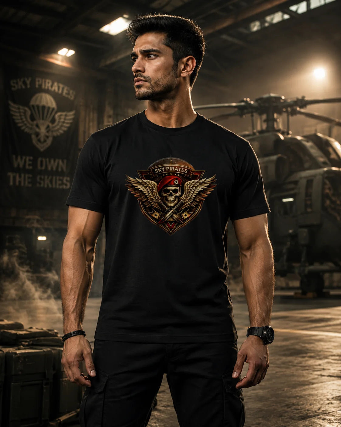 Sky Pirates T-Shirt | Skull Wing Badge Military Graphic Tee | Bold Dark Design