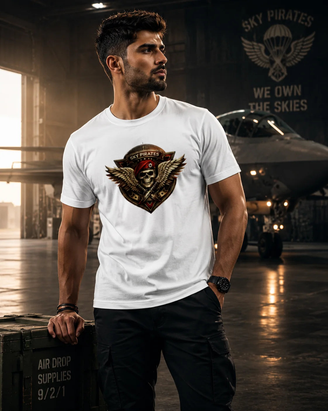 Sky Pirates T-Shirt | Skull Wing Badge Military Graphic Tee | Bold Dark Design